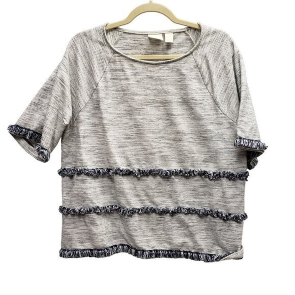 Chico's Womens Top Size 2 Large Boxy Fringe Fun Blue Artsy‎